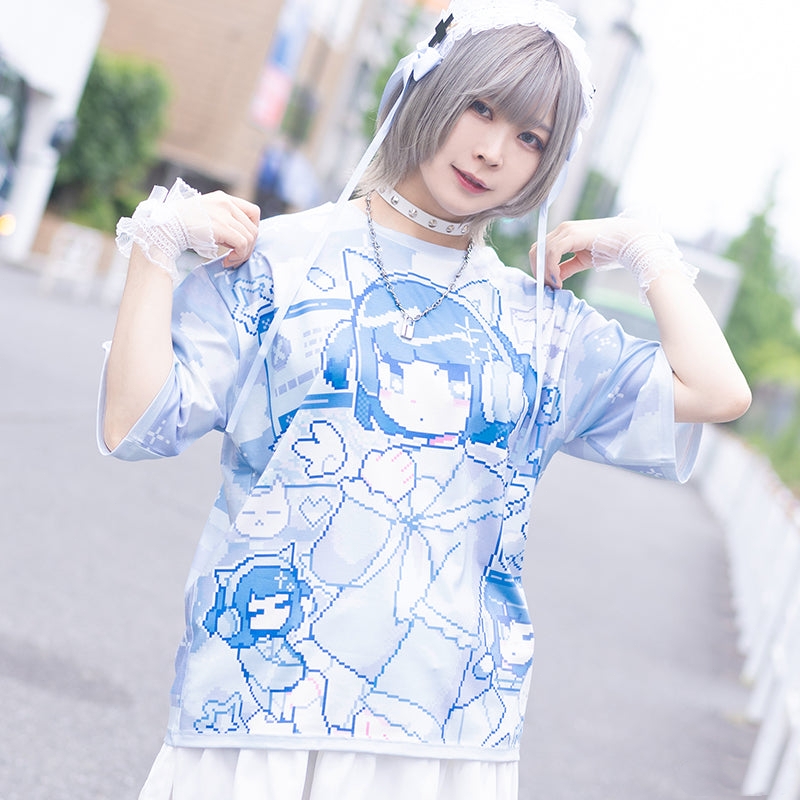 Plant Parent Shirt - ฤดูร้อนอินเทรนด์ญี่ปุ่น Y2K พิกเซลสไตล์สีฟ้าสีขาวเสื้อยืดพิมพ์ลายเด็ก/ผู้ใหญ่อะนิเมะฮาราจูกุสไตล์เท่หลวมแขนสั้น
